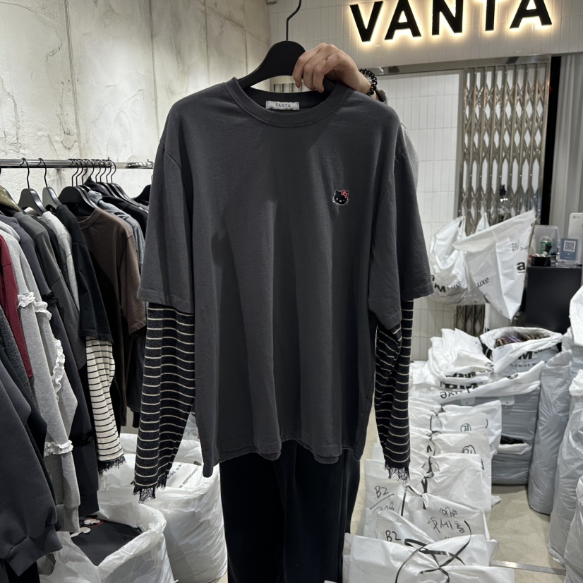VANTA東大門㊣直郵女裝新品休閑25秋冬熱賣人氣長袖T恤假兩件VANTA長袖T恤圖色2墨色