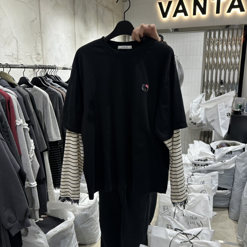 VANTA東大門㊣直郵女裝新品休閑25秋冬熱賣人氣長袖T恤假兩件VANTA長袖T恤圖色3黑色