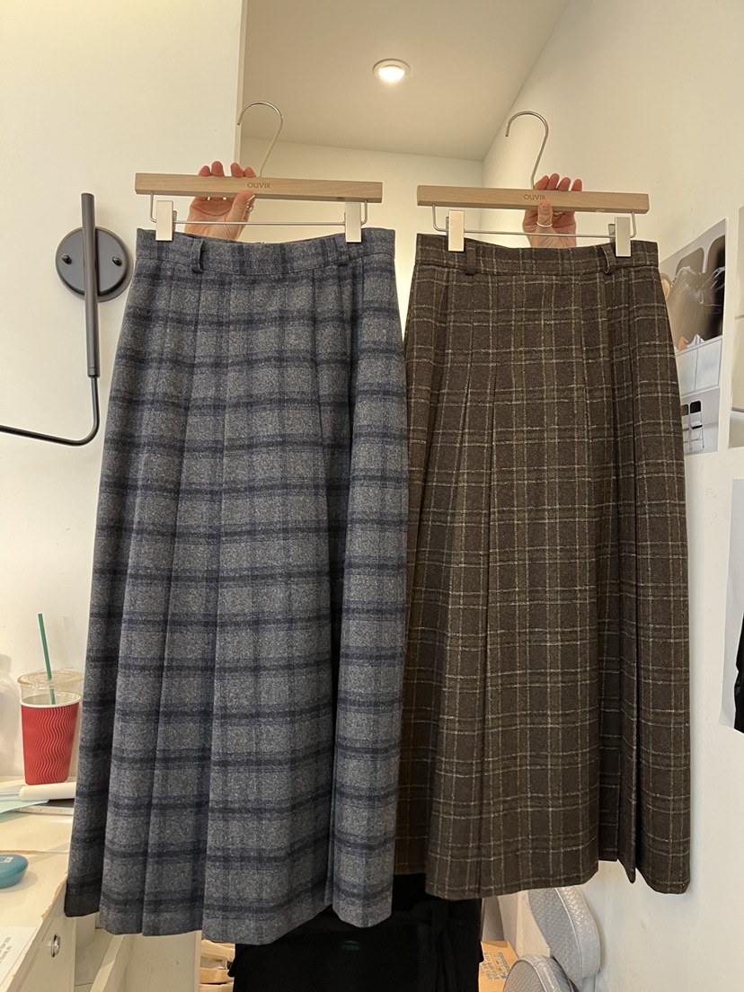 OUVIR東大門㊣實拍女士新品時尚休閑熱賣長裙羊毛格紋百褶褶裙O.V.R/OUVIR長裙