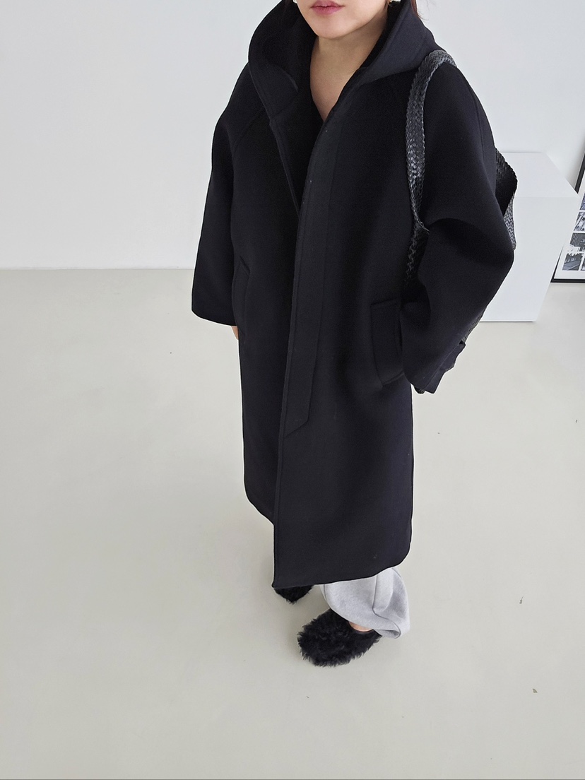 J SHOP東大門㊣代購女裝新品熱賣推薦休閑人氣中長款大衣連帽J_SHOP中長款大衣圖色2黑色