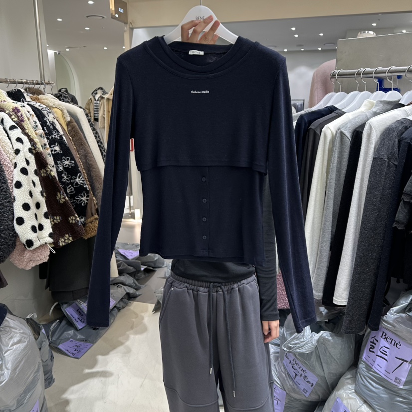 BENE東大門㊣代購女士新款熱賣人氣真品時尚25秋冬長袖T恤羊毛BENE長袖T恤圖色4深藍色