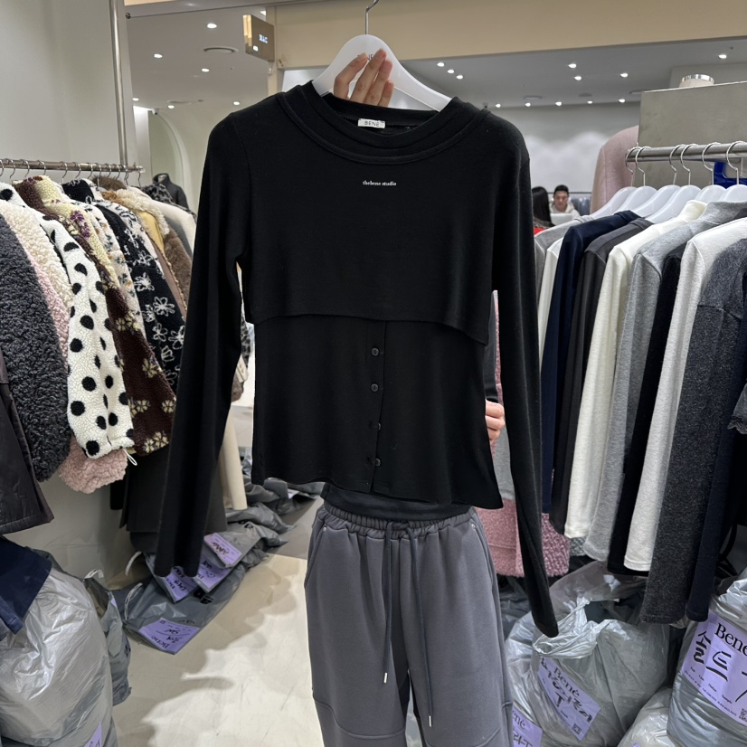 BENE東大門㊣代購女士新款熱賣人氣真品時尚25秋冬長袖T恤羊毛BENE長袖T恤圖色5黑色