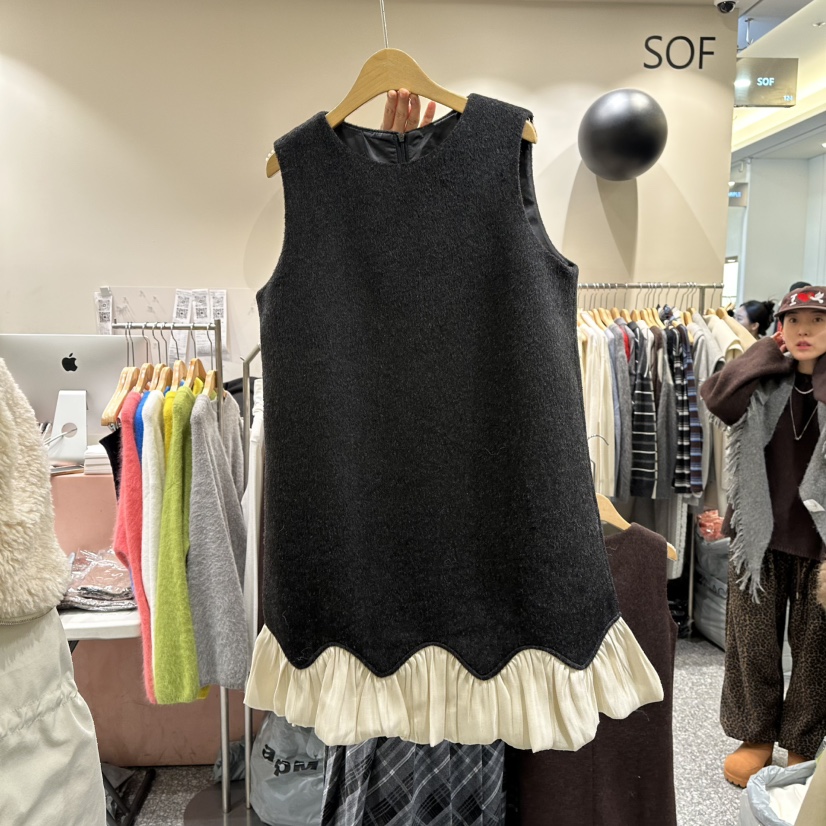 SOF韓國直郵㊣女士新款時尚真品人氣25秋冬推薦連衣裙羊毛褶皺SOF連衣裙圖色2墨色