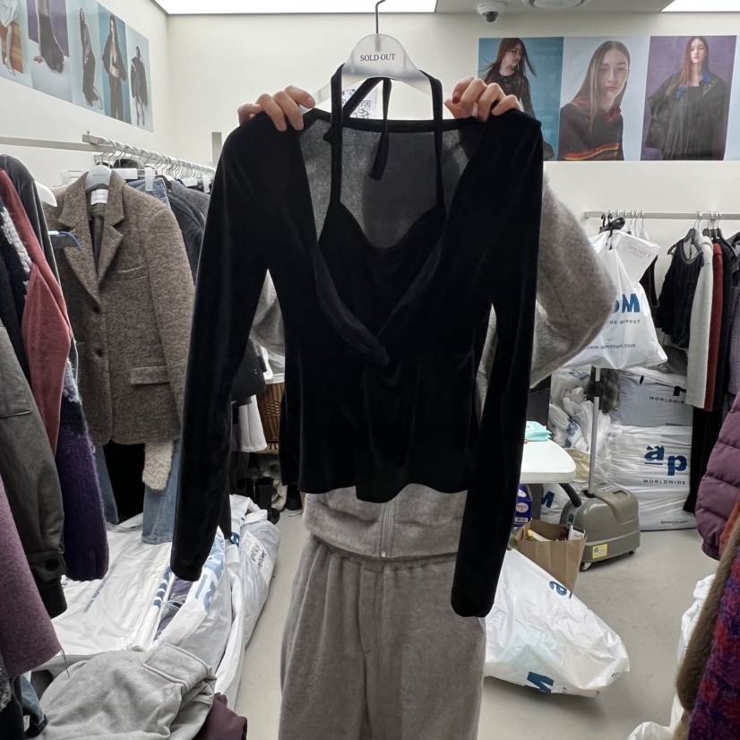 SOLD OUT東大門㊣實拍女裝新款推薦25秋冬長袖T恤假兩件絲絨SOLD OUT長袖T恤圖色3