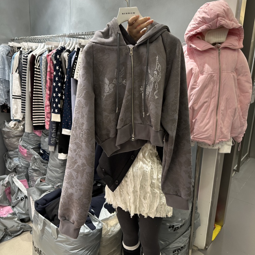 RIBBON韓國直郵㊣女士新款25秋冬推薦夾克連帽拉鏈衫加絨迷彩RIBBON夾克圖色2