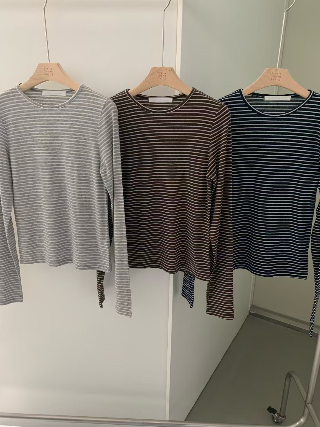 PYT-ot東大門㊣直郵女士新款休閑真品25秋冬職業長袖T恤條紋pretty young thing長袖T恤圖色3左三色