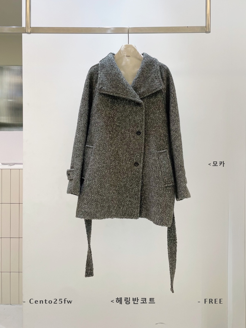 CENTO韓國直郵㊣女士新品職業人氣25秋冬中長款大衣人字紋含腰帶CENTO中長款大衣