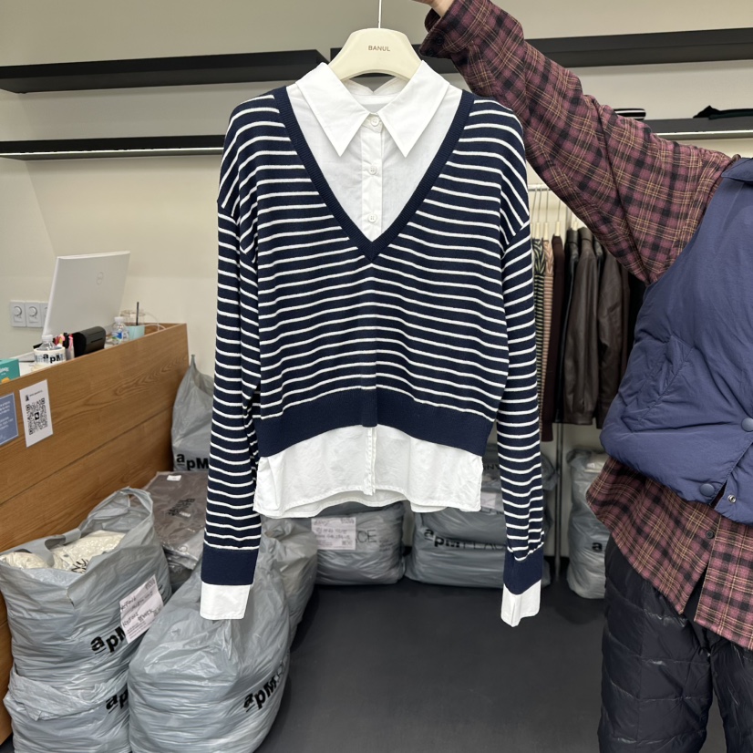 BANUL東大門㊣代購女裝新款休閑人氣25秋冬襯衫蕾絲衫假兩件BANUL襯衫/蕾絲衫圖色1