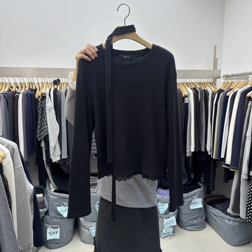 SPECIAL韓國直郵㊣女士新品推薦休閑人氣25秋冬長袖T恤含脖帶SPECIAL長袖T恤圖色3黑色