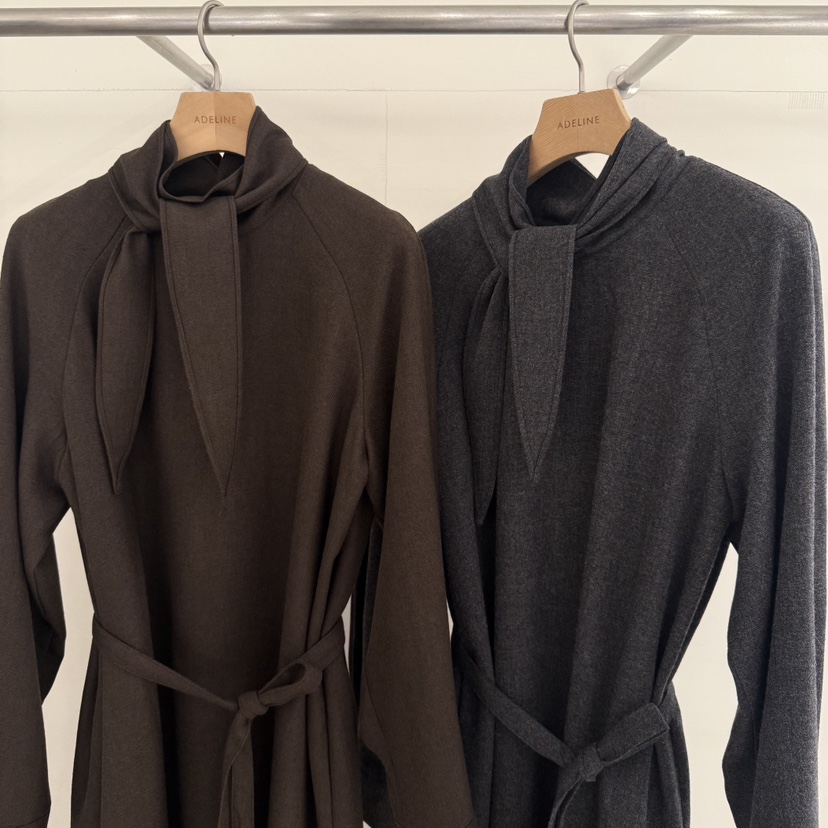 ADELINE東大門㊣代購女士新品職業推薦連衣裙含腰帶系帶羅紋ADELINE連衣裙