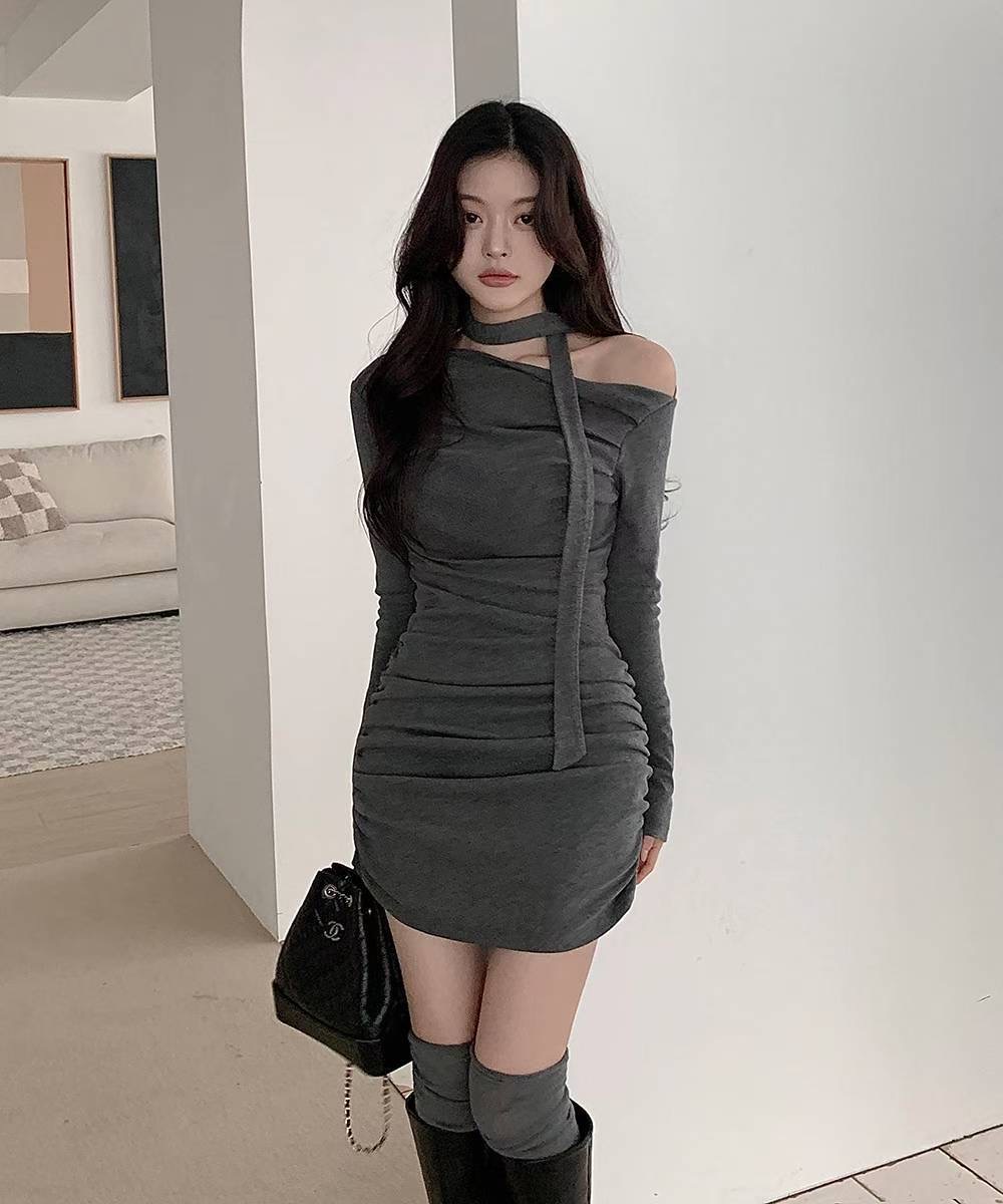 OUTT東大門㊣代購女裝新款人氣真品職業時尚休閑連衣裙含脖帶OUTT連衣裙圖色1