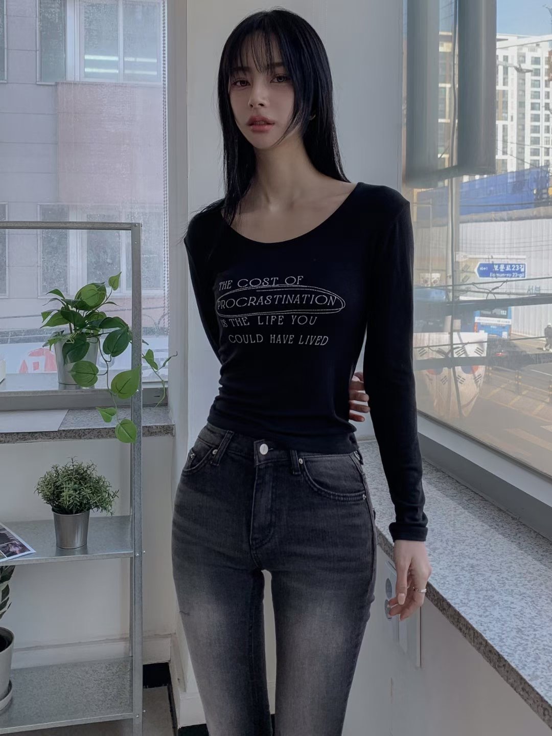 OUTT東大門㊣代購女士新款人氣職業推薦時尚真品休閑長袖T恤OUTT長袖T恤圖色2