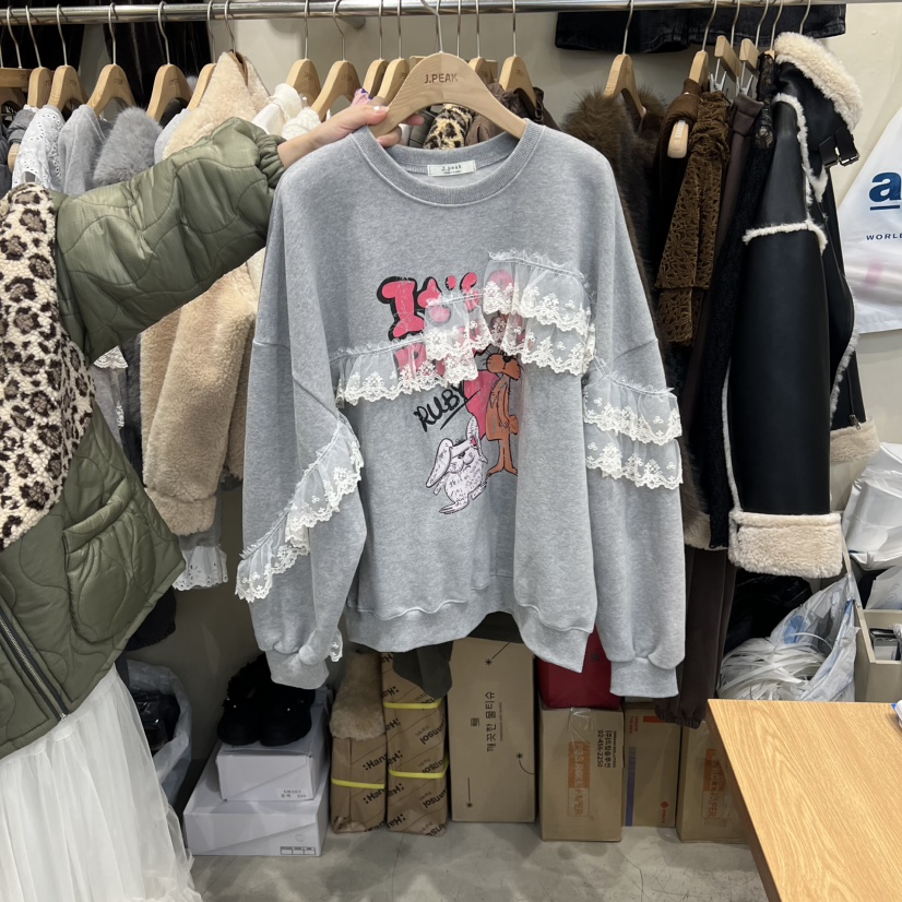 J PEAK/BY FLOW東大門㊣代購女裝新品推薦職業衛衣加絨蕾絲J PEAK衛衣圖色1