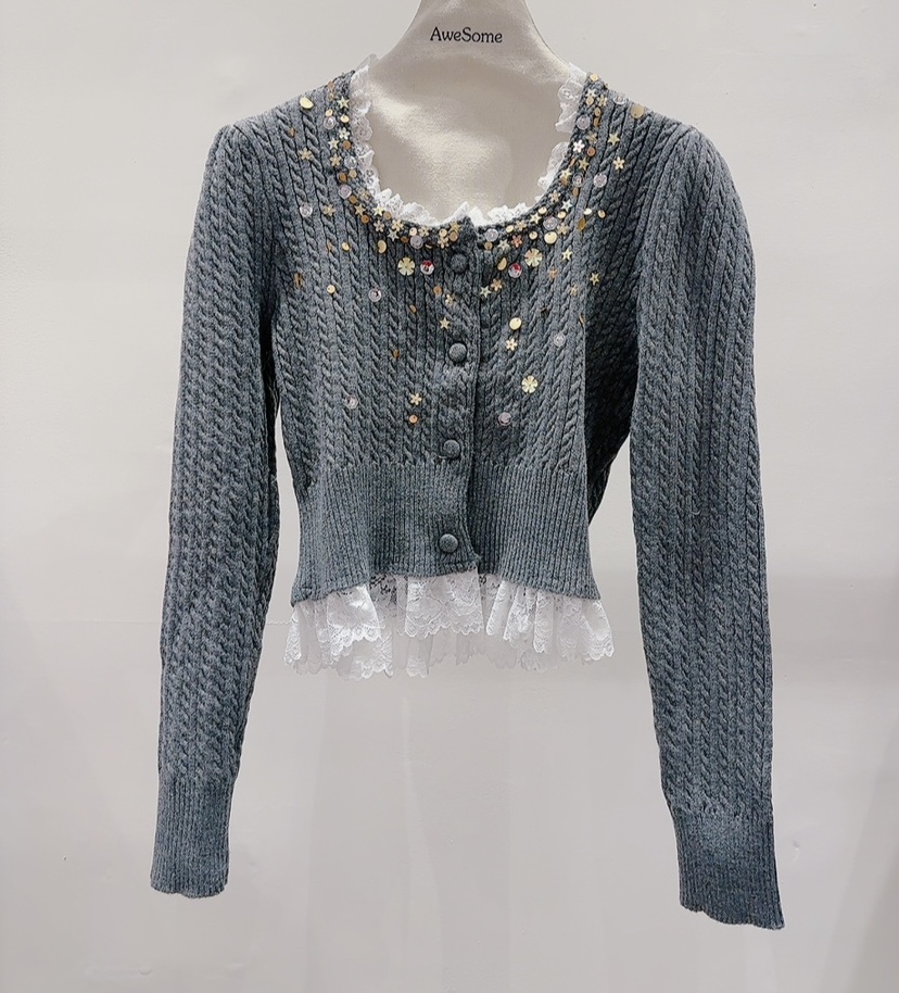 AWESOME-P東大門㊣實拍女裝新款推薦熱賣人氣針織衫花朵開衫AWESOME-P針織衫圖色1