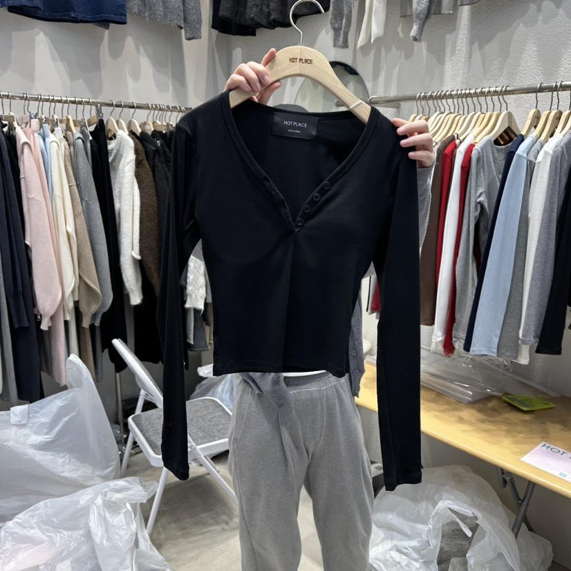 HOT PLACE東大門㊣實拍女裝新品休閑時尚熱賣25秋冬長袖T恤HOT PLACE_ISSUE/DREAM GIRIS長袖T恤圖色5黑色