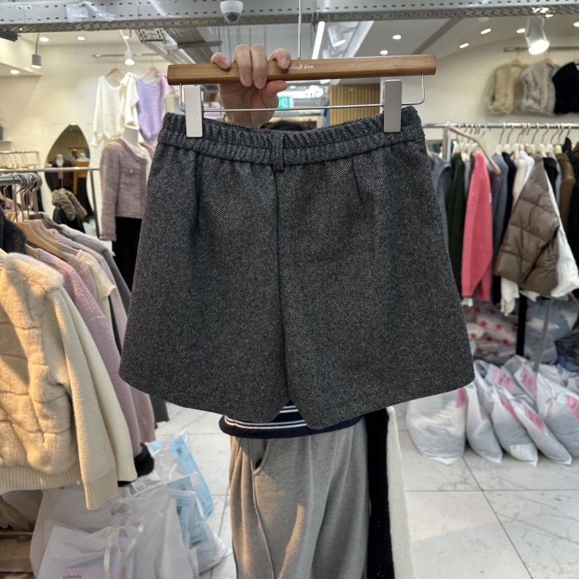 LULULALLA東大門㊣實拍女士新品熱賣休閑裙褲不含腰帶人字紋LULULALLA裙褲