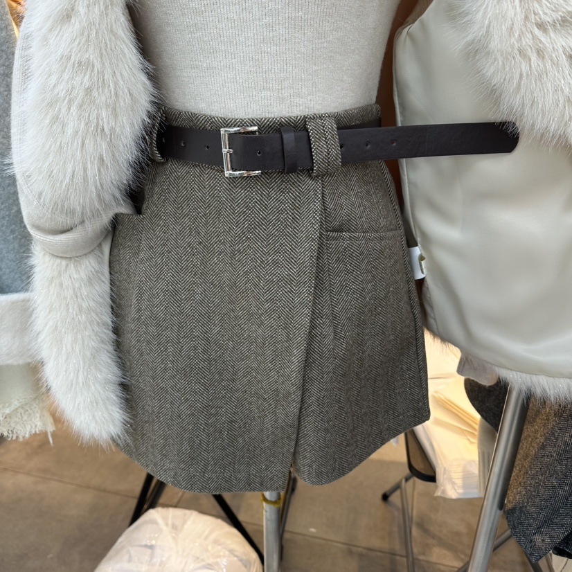 LULULALLA東大門㊣實拍女士新品熱賣休閑裙褲不含腰帶人字紋LULULALLA裙褲圖色1