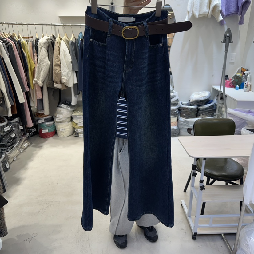 LULULALLA東大門㊣直郵女士新款職業時尚推薦牛仔褲含腰帶加絨LULULALLA牛仔褲圖色1