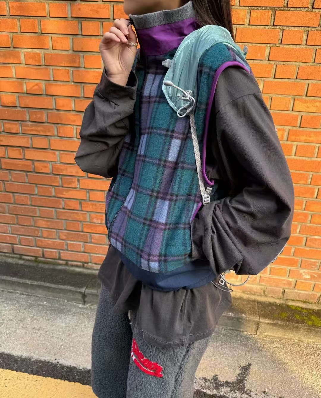 STANDING韓國代購㊣女士新品時尚25秋冬馬甲不含內搭格子褶裥STANDING馬甲