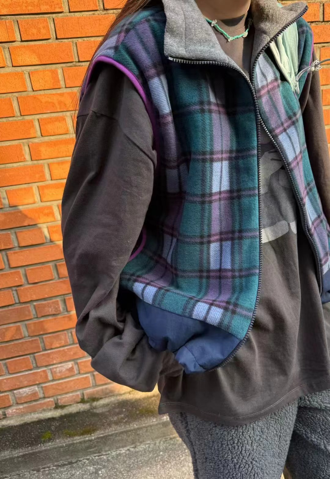 STANDING韓國代購㊣女士新品時尚25秋冬馬甲不含內搭格子褶裥STANDING馬甲