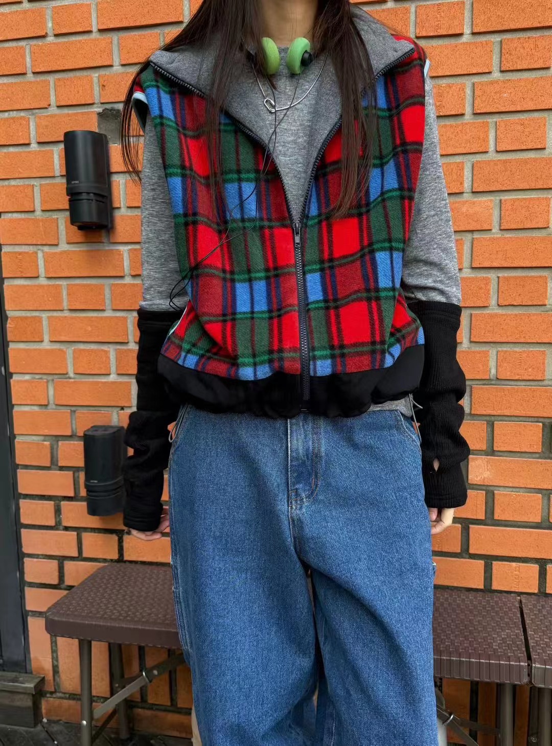 STANDING韓國代購㊣女士新品時尚25秋冬馬甲不含內搭格子褶裥STANDING馬甲