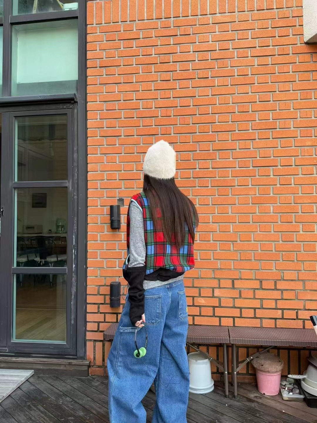 STANDING韓國代購㊣女士新品時尚25秋冬馬甲不含內搭格子褶裥STANDING馬甲