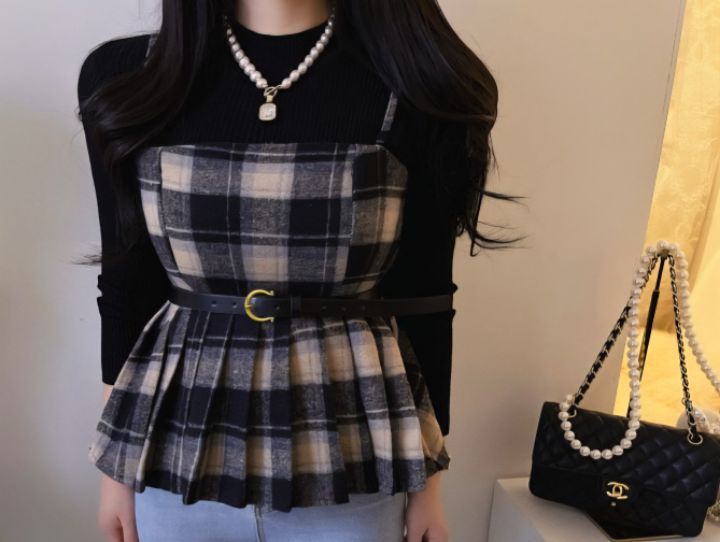 FEMME東大門㊣實拍女士新款推薦職業時尚休閑人氣長袖T恤格子FEMME長袖T恤