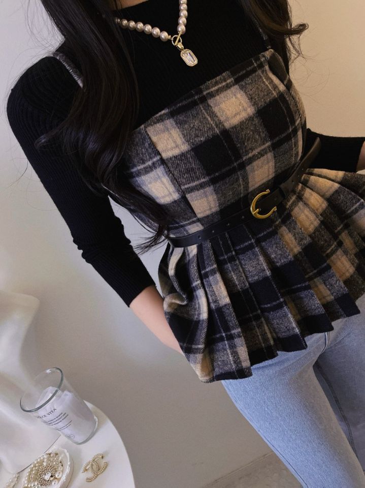 FEMME東大門㊣實拍女士新款推薦職業時尚休閑人氣長袖T恤格子FEMME長袖T恤