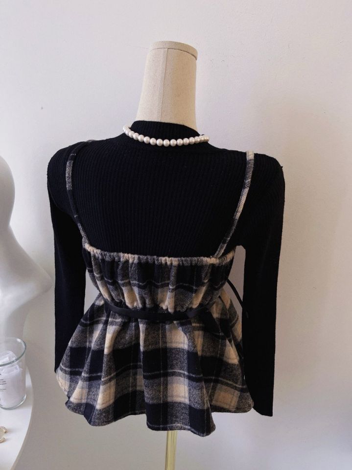 FEMME東大門㊣實拍女士新款推薦職業時尚休閑人氣長袖T恤格子FEMME長袖T恤