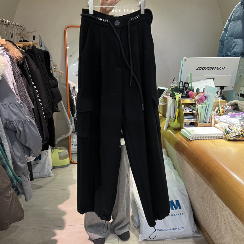 BLACKFRIDAY韓國代購㊣女裝新款推薦休閑熱賣休閑褲含腰繩加絨BLACK FRIDAY休閑褲圖色1