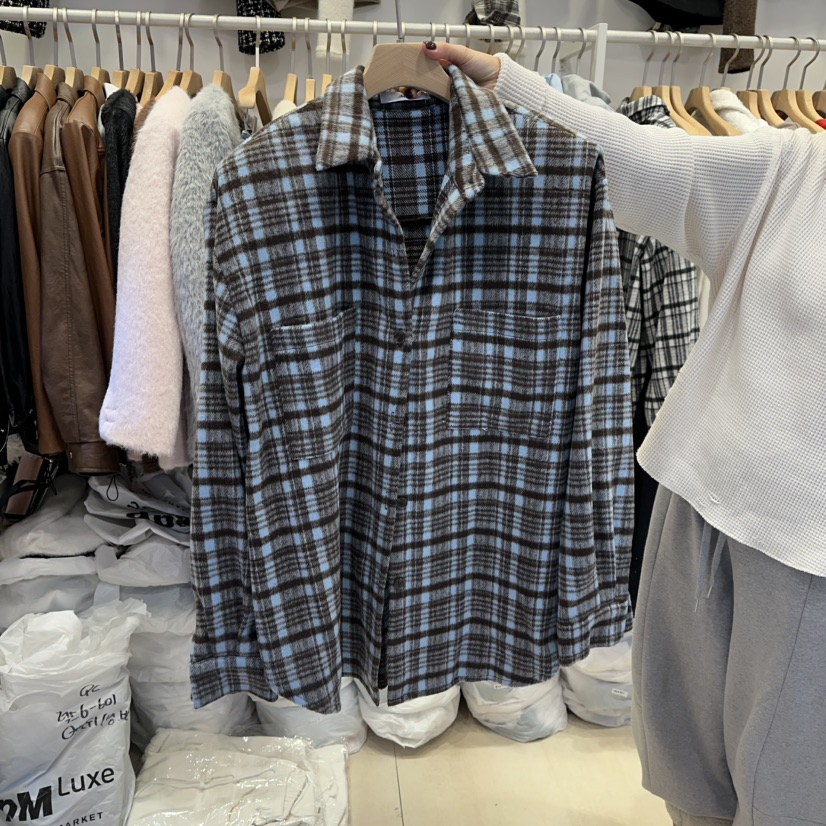 Q C韓國代購㊣女士新款時尚熱賣休閑人氣推薦襯衫蕾絲衫格子Republlc of qc襯衫/蕾絲衫圖色2棕藍