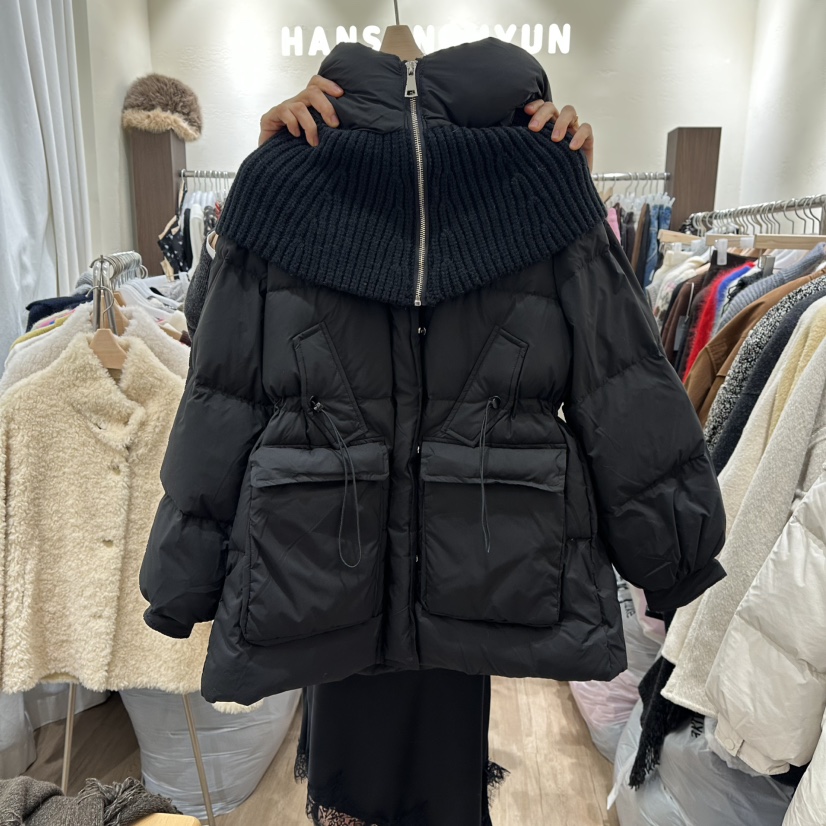 HANSUNGHYUN韓國直郵㊣女裝新品職業短款羽絨服帽子可拆卸羊毛披肩套裝填充鴨絨HANSUNGHYUN短款羽絨服圖色2
