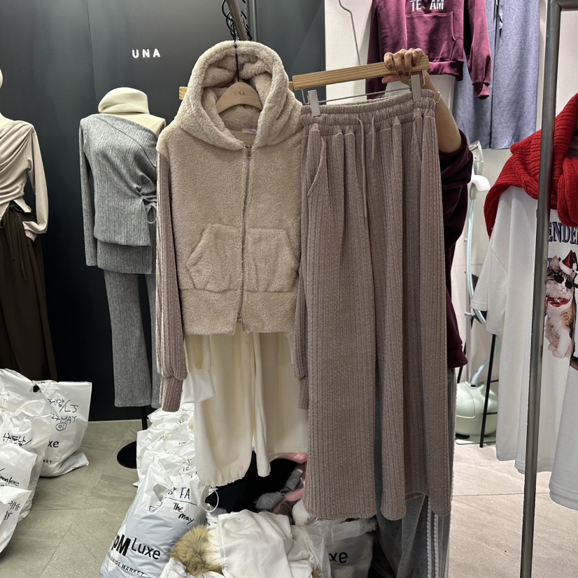 UNA/THE MAY韓國代購㊣女裝新款25秋冬套裝連帽衫加絨保暖套裝THEMAY/UNA套裝圖色2