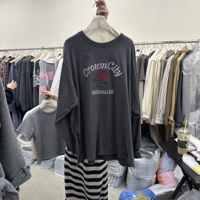 AMOEBA東大門㊣實拍女士新款職業人氣推薦25秋冬長袖T恤刺繡AMOEBA長袖T恤圖色1