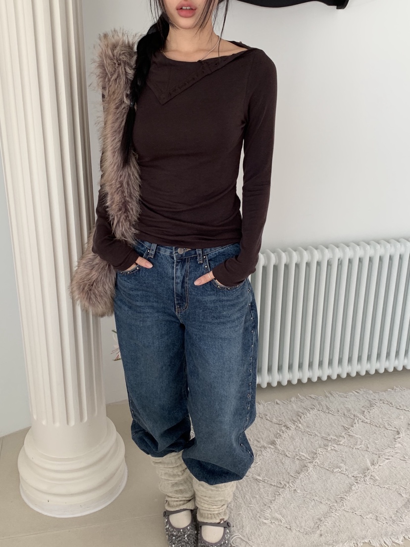 SUNDER MARKET韓國代購㊣女士新款真品推薦長袖T恤羊毛紐扣SUNDER MARKET長袖T恤