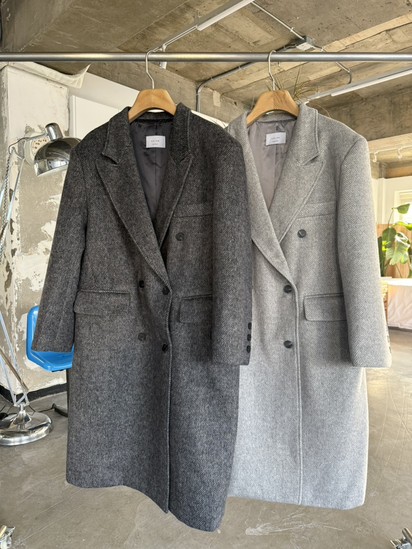 SOLAR韓國直郵㊣女裝新品熱賣休閑推薦中長款大衣人字紋雙層SOLAR中長款大衣