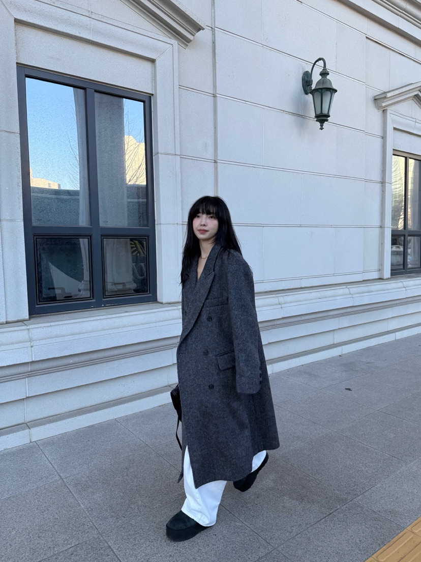 SOLAR韓國直郵㊣女裝新品熱賣休閑推薦中長款大衣人字紋雙層SOLAR中長款大衣