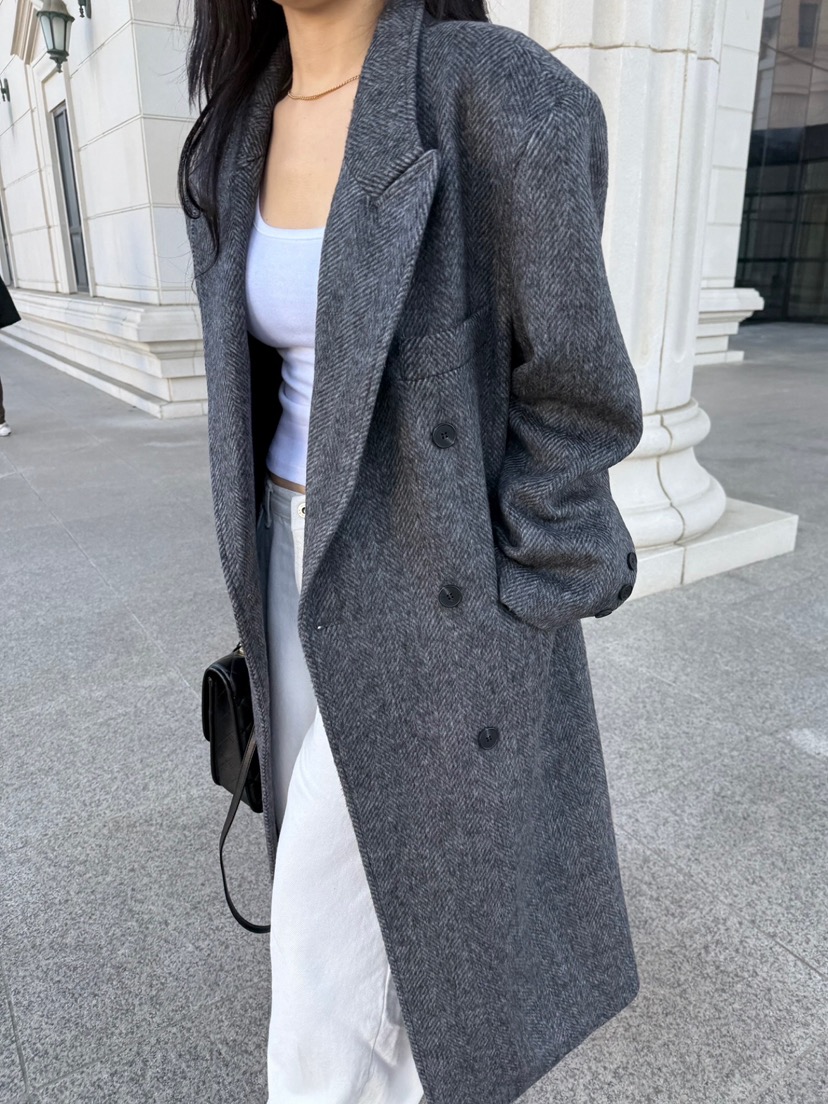 SOLAR韓國直郵㊣女裝新品熱賣休閑推薦中長款大衣人字紋雙層SOLAR中長款大衣