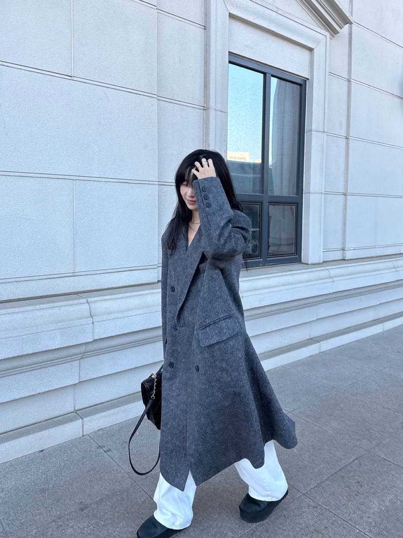 SOLAR韓國直郵㊣女裝新品熱賣休閑推薦中長款大衣人字紋雙層SOLAR中長款大衣