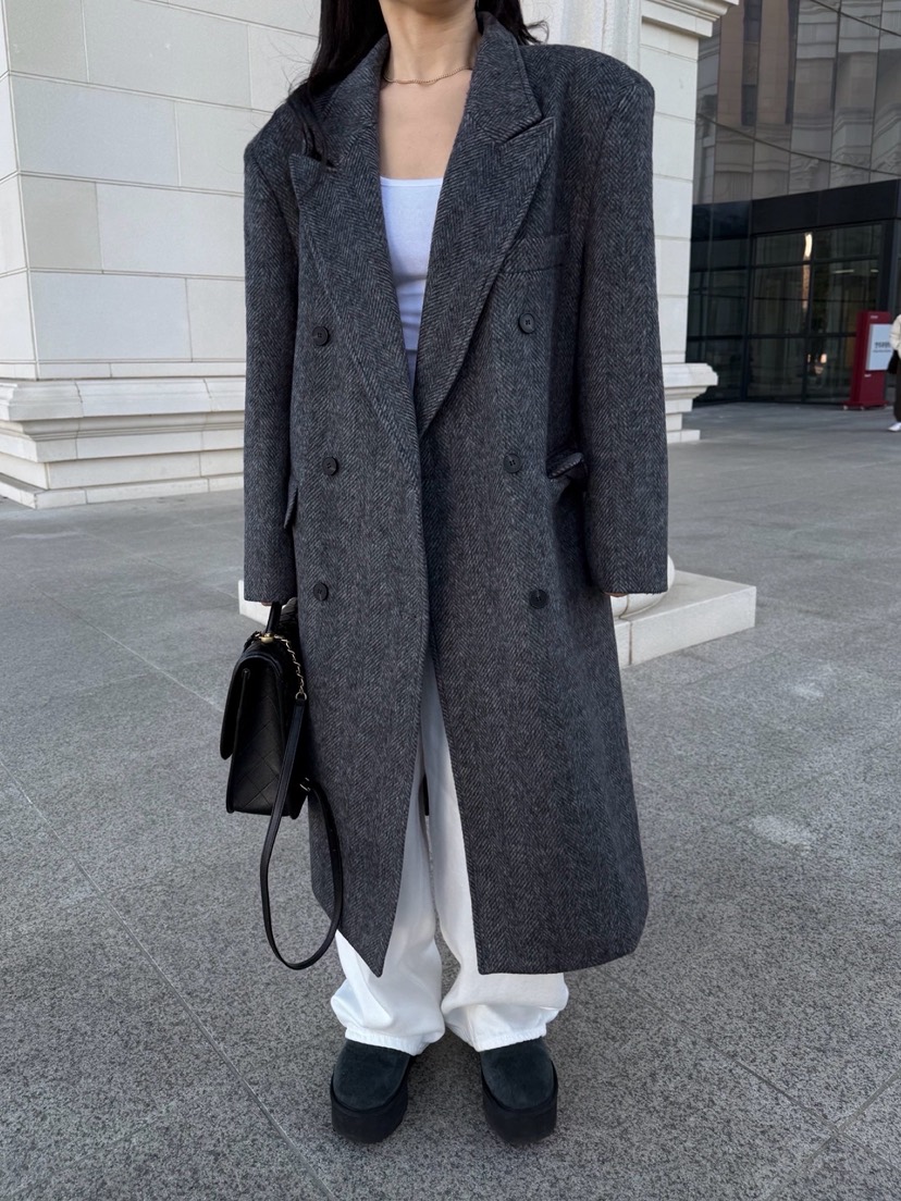 SOLAR韓國直郵㊣女裝新品熱賣休閑推薦中長款大衣人字紋雙層SOLAR中長款大衣