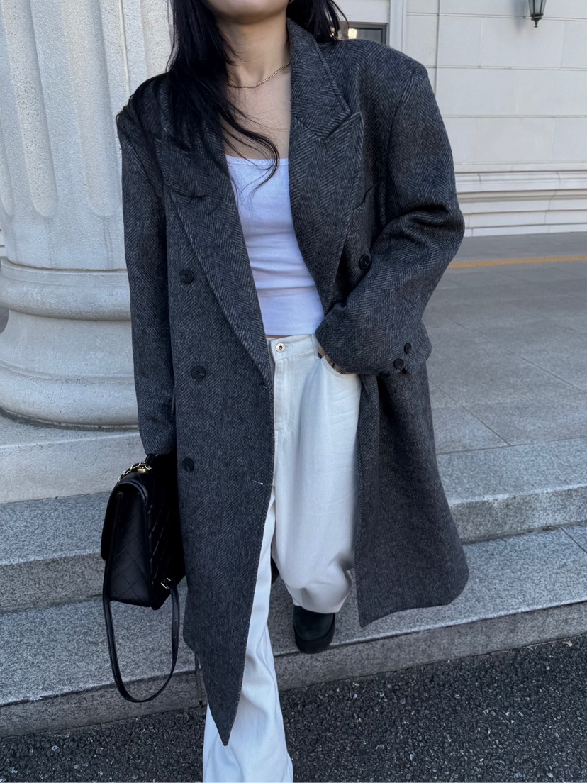 SOLAR韓國直郵㊣女裝新品熱賣休閑推薦中長款大衣人字紋雙層SOLAR中長款大衣