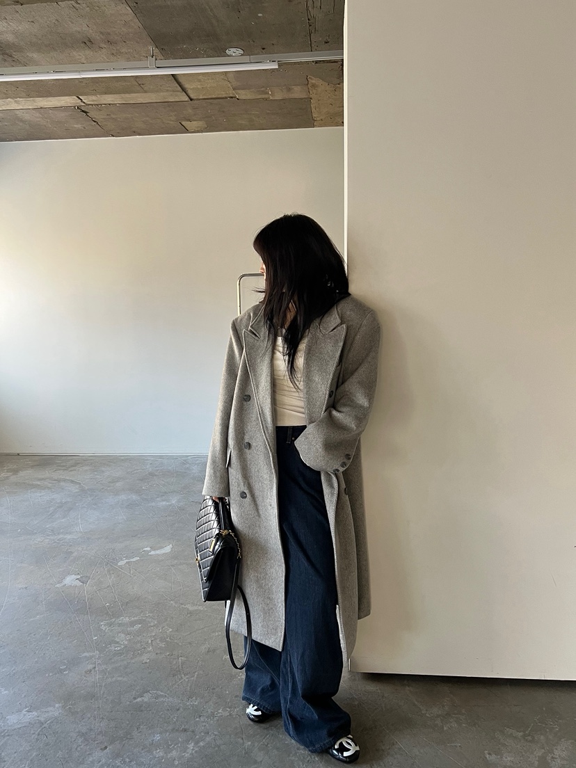 SOLAR韓國直郵㊣女裝新品熱賣休閑推薦中長款大衣人字紋雙層SOLAR中長款大衣