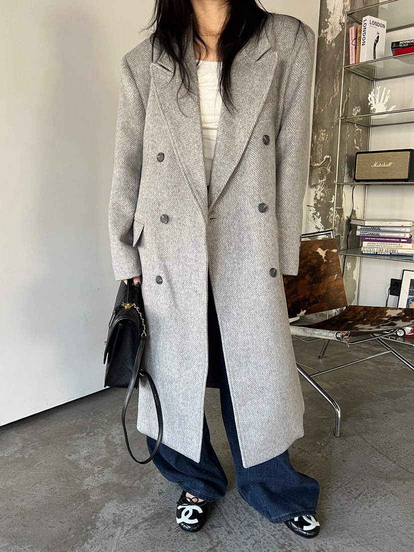 SOLAR韓國直郵㊣女裝新品熱賣休閑推薦中長款大衣人字紋雙層SOLAR中長款大衣