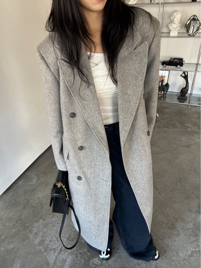 SOLAR韓國直郵㊣女裝新品熱賣休閑推薦中長款大衣人字紋雙層SOLAR中長款大衣