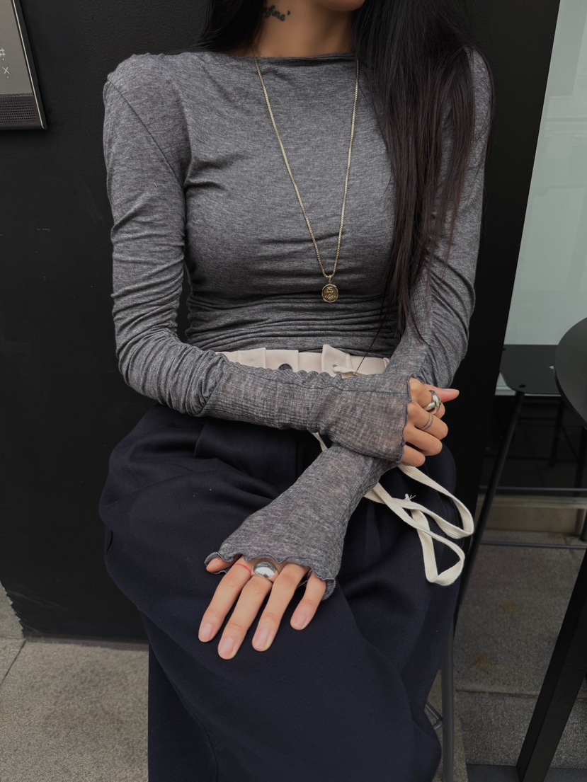 ABBEYLEE東大門㊣直郵女裝新款熱賣推薦真品時尚長袖T恤褶皺ABBEYLEE長袖T恤圖色3