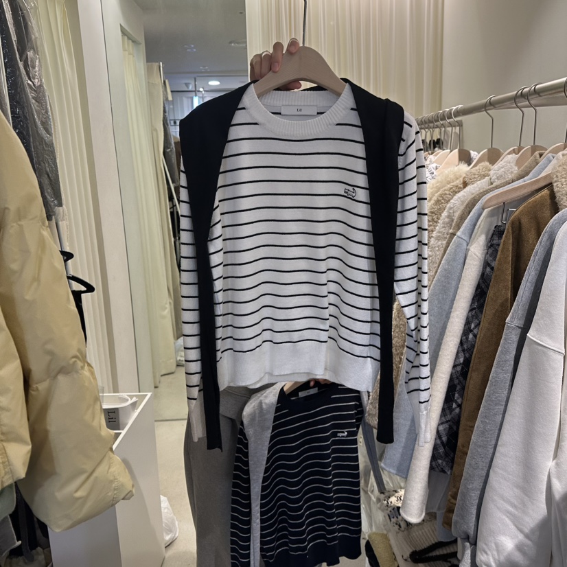 LIL韓國代購㊣女士新品人氣時尚熱賣推薦休閑針織衫披肩條紋LIL針織衫圖色1