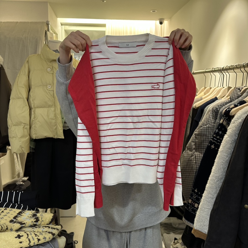 LIL韓國代購㊣女士新品人氣時尚熱賣推薦休閑針織衫披肩條紋LIL針織衫圖色3