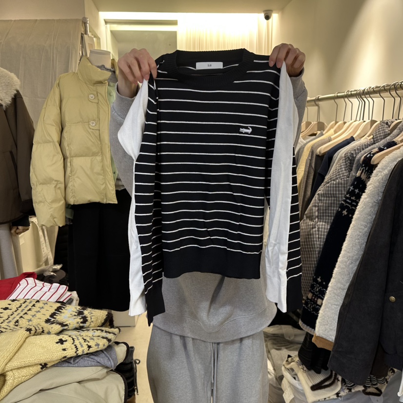 LIL韓國代購㊣女士新品人氣時尚熱賣推薦休閑針織衫披肩條紋LIL針織衫圖色4