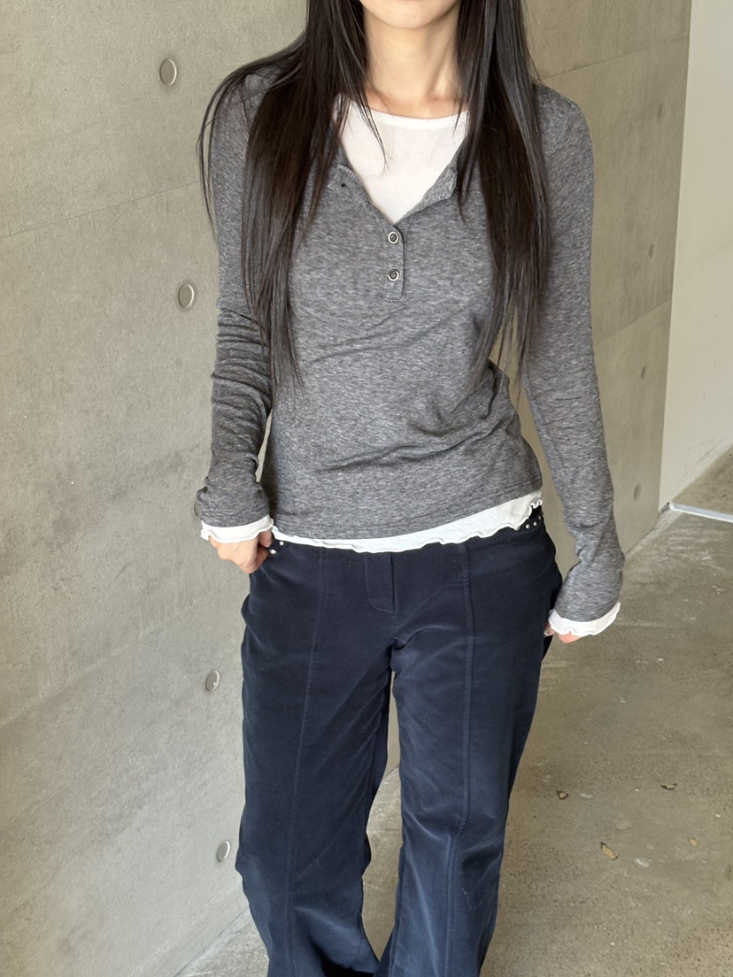 Verbena東大門㊣直郵女士新款休閑職業長袖T恤羊毛絲綢紐扣Verbena長袖T恤