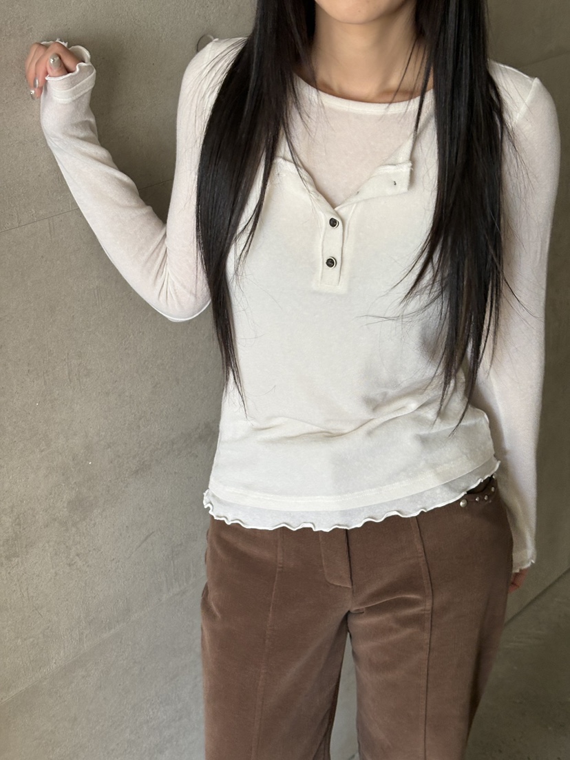 Verbena東大門㊣直郵女士新款休閑職業長袖T恤羊毛絲綢紐扣Verbena長袖T恤